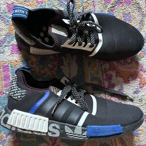 Adidas Men's Black and White Sneakers with Blue Accents